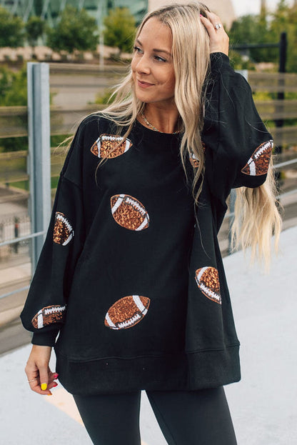 Shimmering Black Sequin Rugby Graphic Sweater
