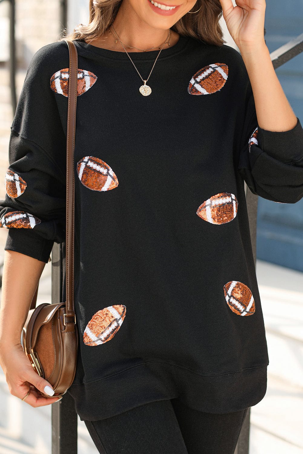 Shimmering Black Sequin Rugby Graphic Sweater
