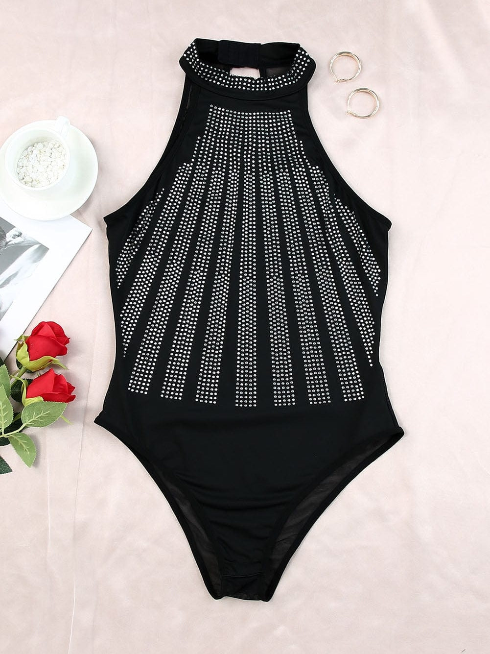 Shimmering Black Sleeveless Diamante Funnel Neck Bodysuit