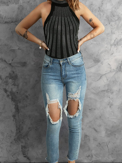 Shimmering Black Sleeveless Diamante Funnel Neck Bodysuit