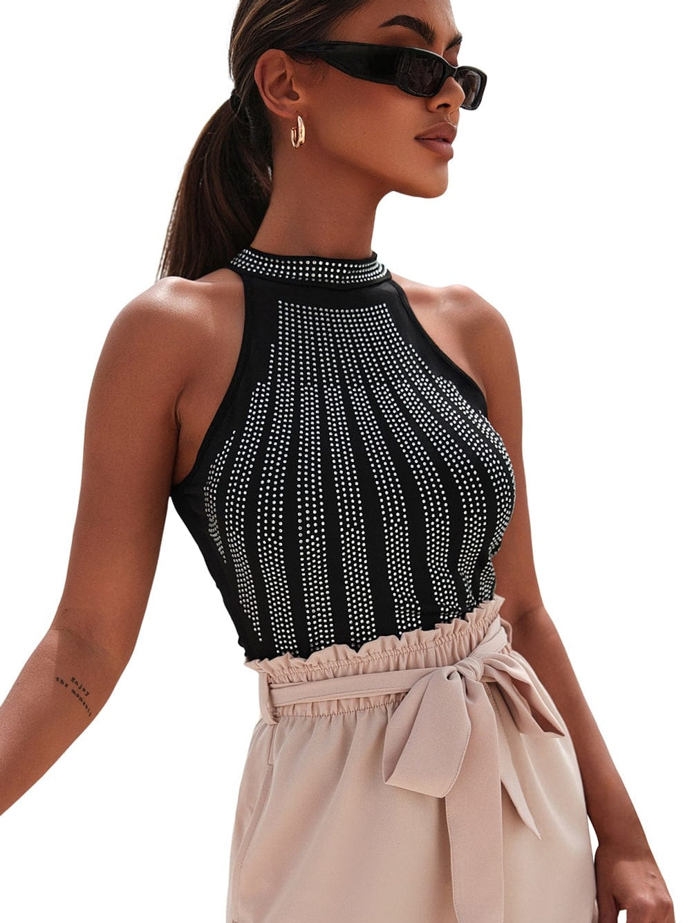 Shimmering Black Sleeveless Diamante Funnel Neck Bodysuit