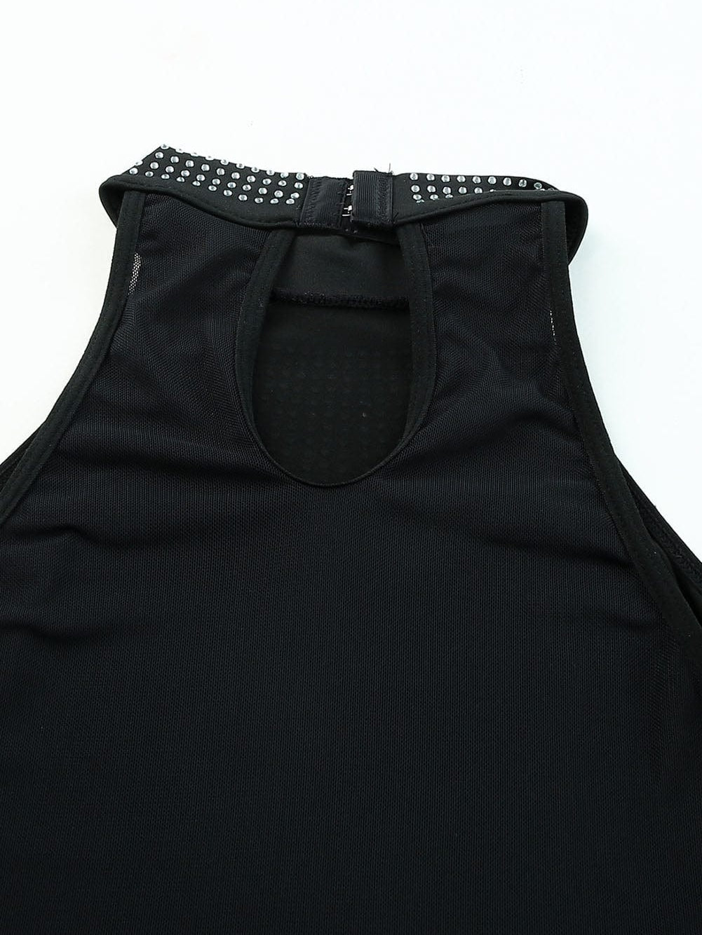 Shimmering Black Sleeveless Diamante Funnel Neck Bodysuit