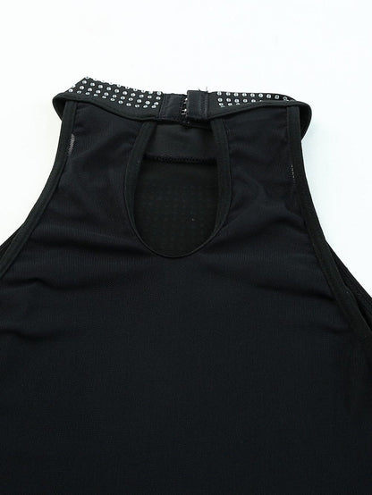 Shimmering Black Sleeveless Diamante Funnel Neck Bodysuit