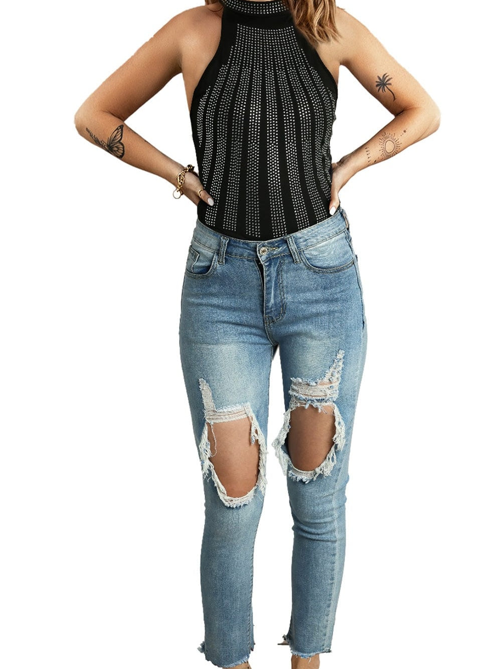 Shimmering Black Sleeveless Diamante Funnel Neck Bodysuit