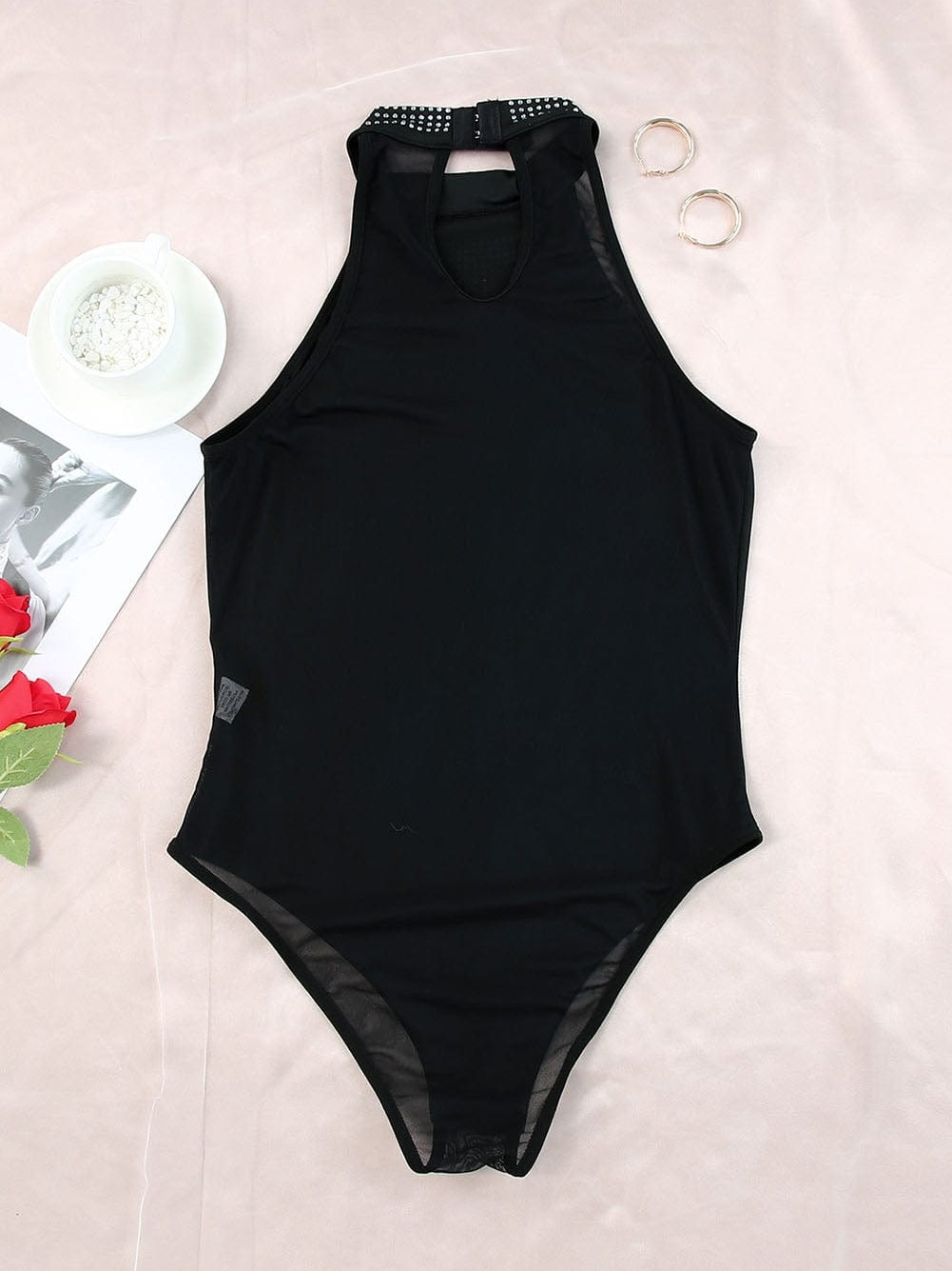 Shimmering Black Sleeveless Diamante Funnel Neck Bodysuit