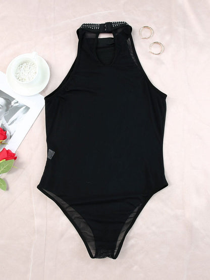 Shimmering Black Sleeveless Diamante Funnel Neck Bodysuit