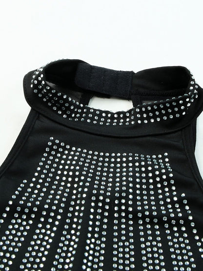 Shimmering Black Sleeveless Diamante Funnel Neck Bodysuit