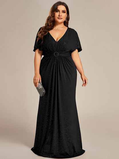 Shimmering Deep V Neck Pleated Evening Gown With Waist Belt