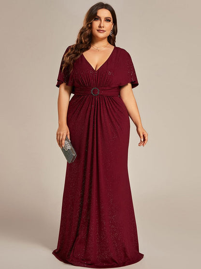 Shimmering Deep V Neck Pleated Evening Gown With Waist Belt