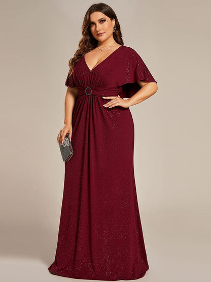 Shimmering Deep V Neck Pleated Evening Gown With Waist Belt