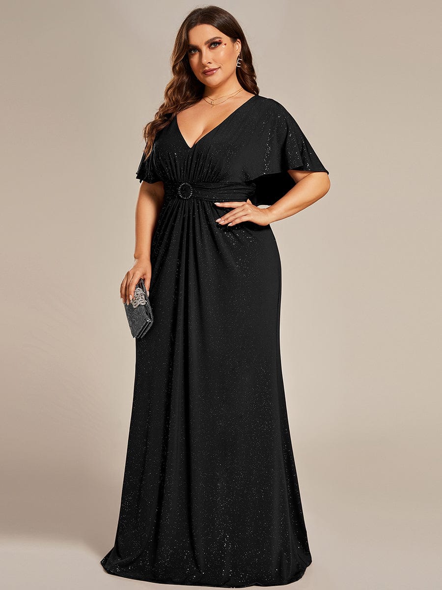 Shimmering Deep V Neck Pleated Evening Gown With Waist Belt