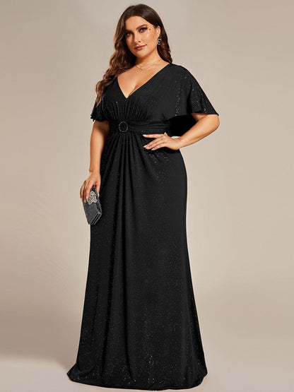 Shimmering Deep V Neck Pleated Evening Gown With Waist Belt