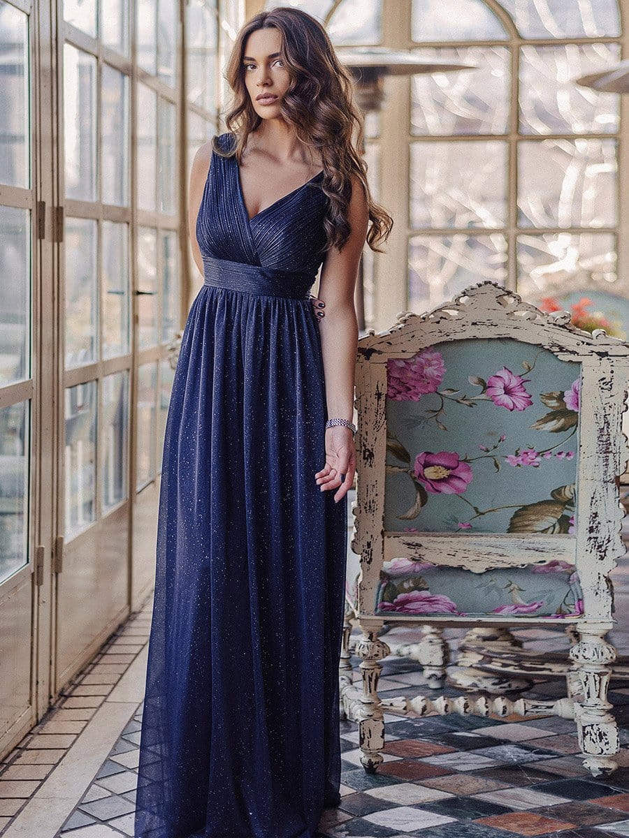 Shimmering Full-Length Evening Dress with Dual V-Neck for Special Events