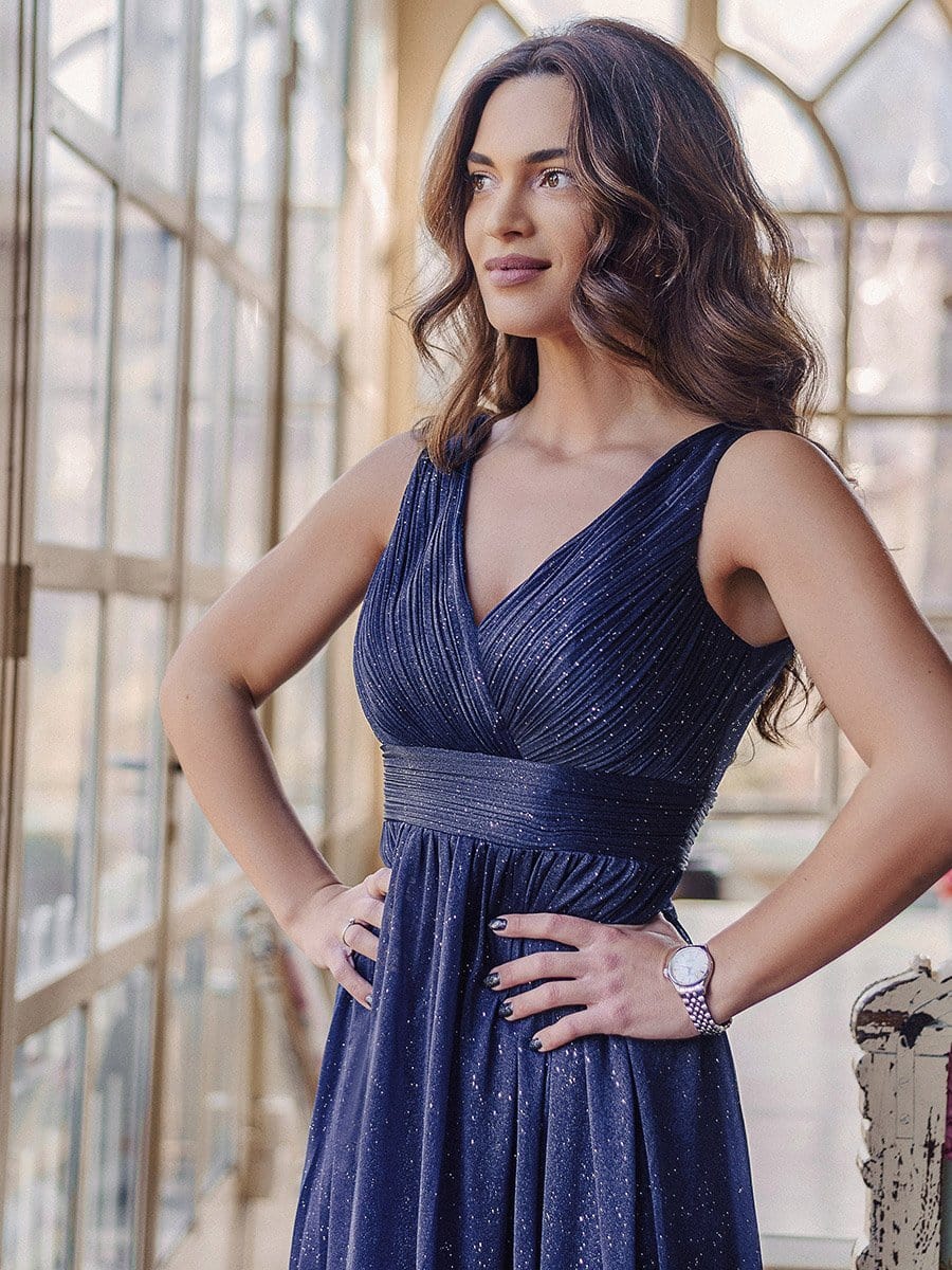 Shimmering Full-Length Evening Dress with Dual V-Neck for Special Events