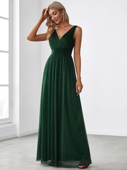 Shimmering Full-Length Evening Dress with Dual V-Neck for Special Events