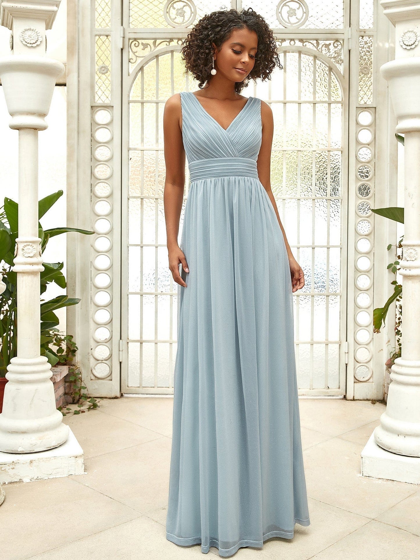 Shimmering Full-Length Evening Dress with Dual V-Neck for Special Events