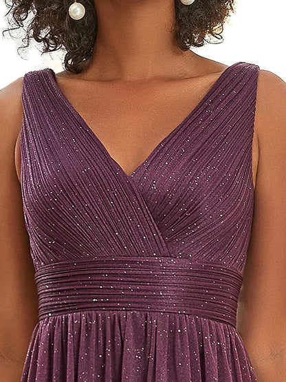 Shimmering Full-Length Evening Dress with Dual V-Neck for Special Events
