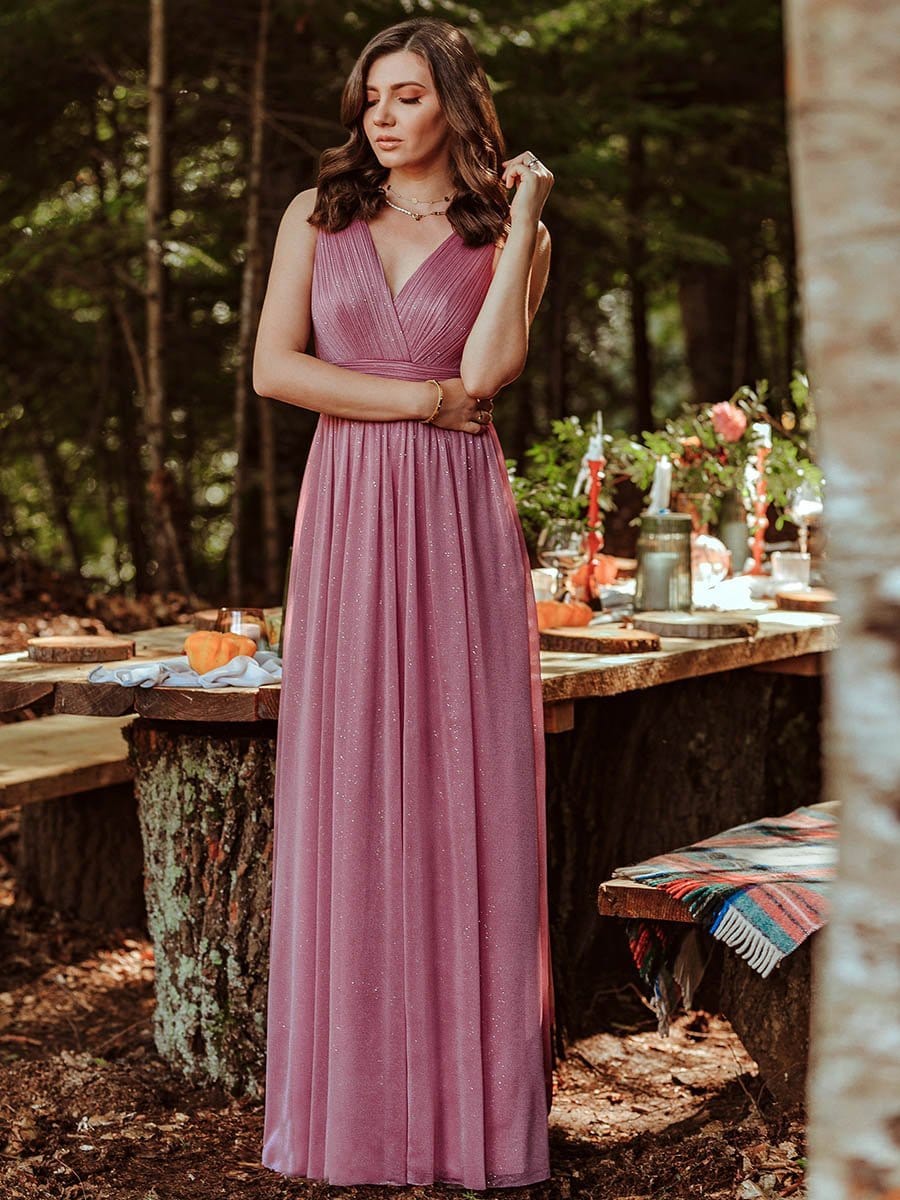 Shimmering Full-Length Evening Dress with Dual V-Neck for Special Events
