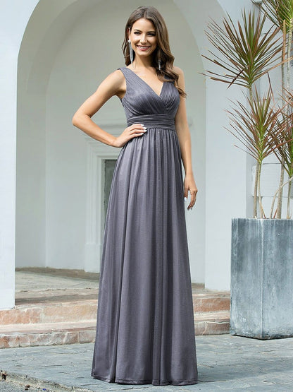 Shimmering Full-Length Evening Dress with Dual V-Neck for Special Events