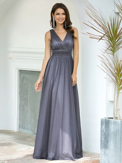 Shimmering Full-Length Evening Dress with Dual V-Neck for Special Events