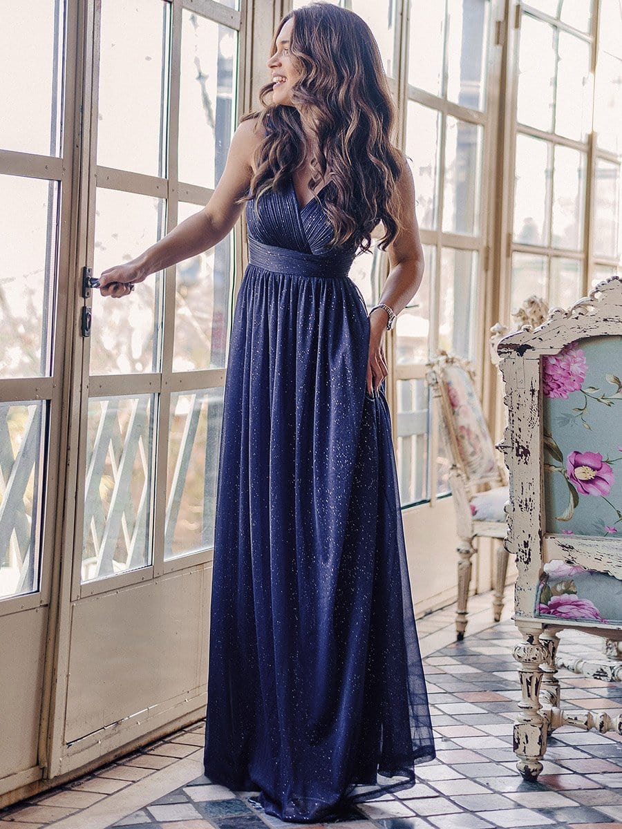 Shimmering Full-Length Evening Dress with Dual V-Neck for Special Events