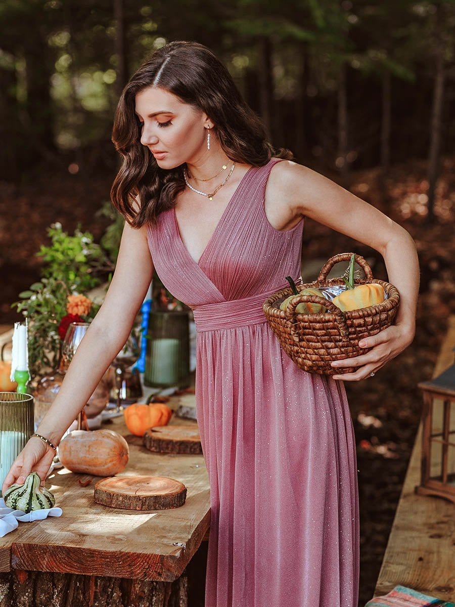 Shimmering Full-Length Evening Dress with Dual V-Neck for Special Events