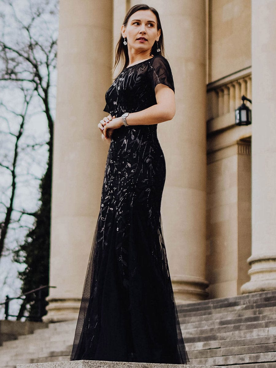 Shimmering Leaf Design Evening Dress for Special Occasions