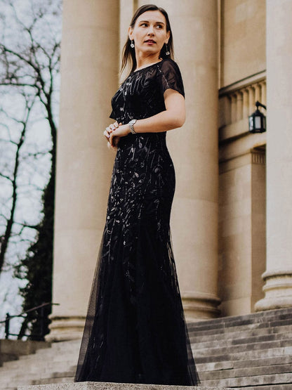 Shimmering Leaf Design Evening Dress for Special Occasions