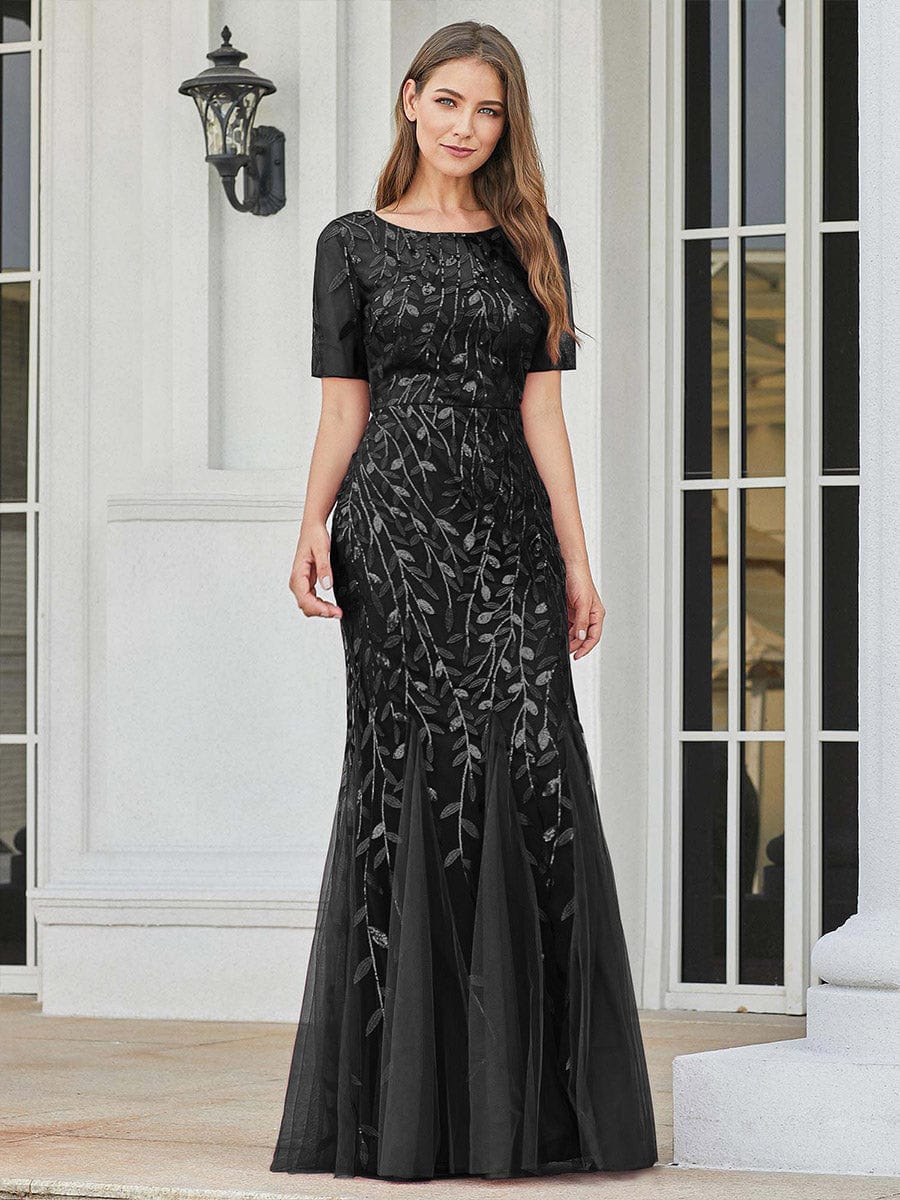Shimmering Leaf Design Evening Dress for Special Occasions
