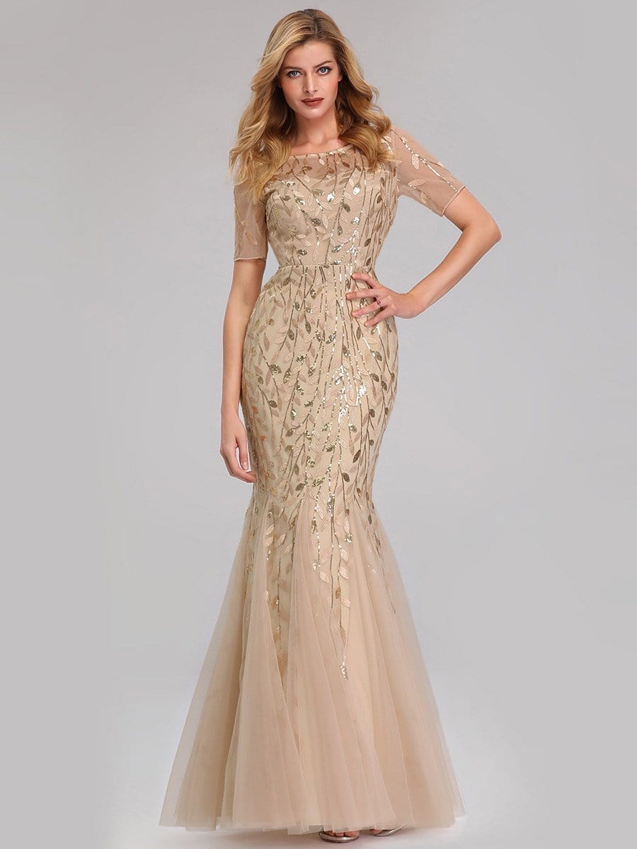Shimmering Leaf Design Evening Dress for Special Occasions