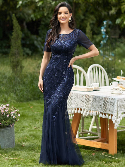 Shimmering Leaf Design Evening Dress for Special Occasions