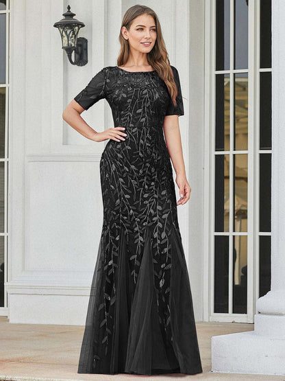 Shimmering Leaf Design Evening Dress for Special Occasions