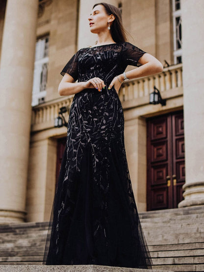 Shimmering Leaf Design Evening Dress for Special Occasions