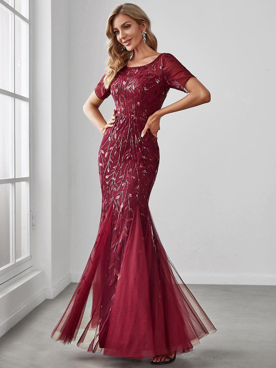 Shimmering Leaf Design Evening Dress for Special Occasions