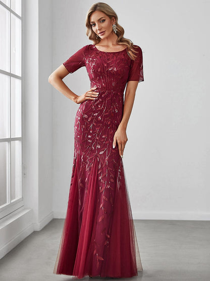 Shimmering Leaf Design Evening Dress for Special Occasions