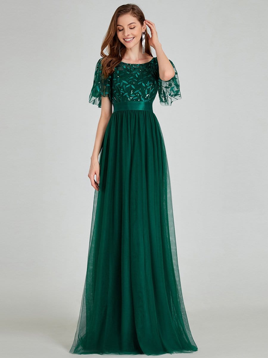 Shimmering Leaf Print Sequin Maxi Dress with Waist Belt