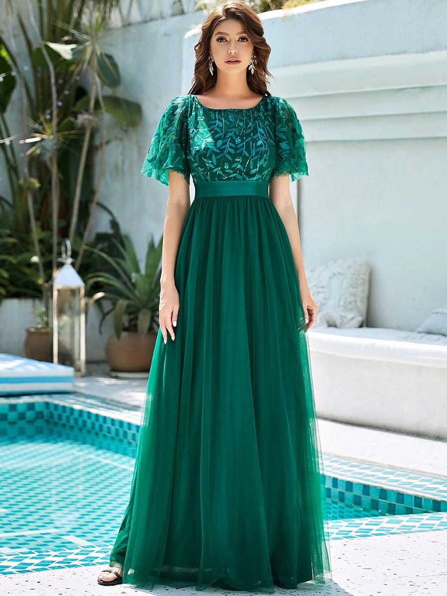 Shimmering Leaf Print Sequin Maxi Dress with Waist Belt