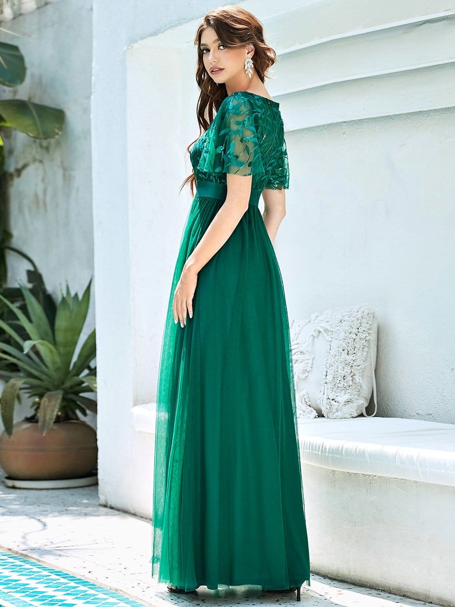 Shimmering Leaf Print Sequin Maxi Dress with Waist Belt