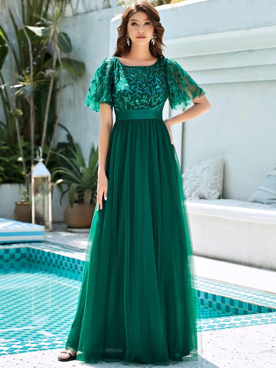 Shimmering Leaf Print Sequin Maxi Dress with Waist Belt