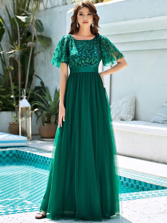 Shimmering Leaf Print Sequin Maxi Dress with Waist Belt