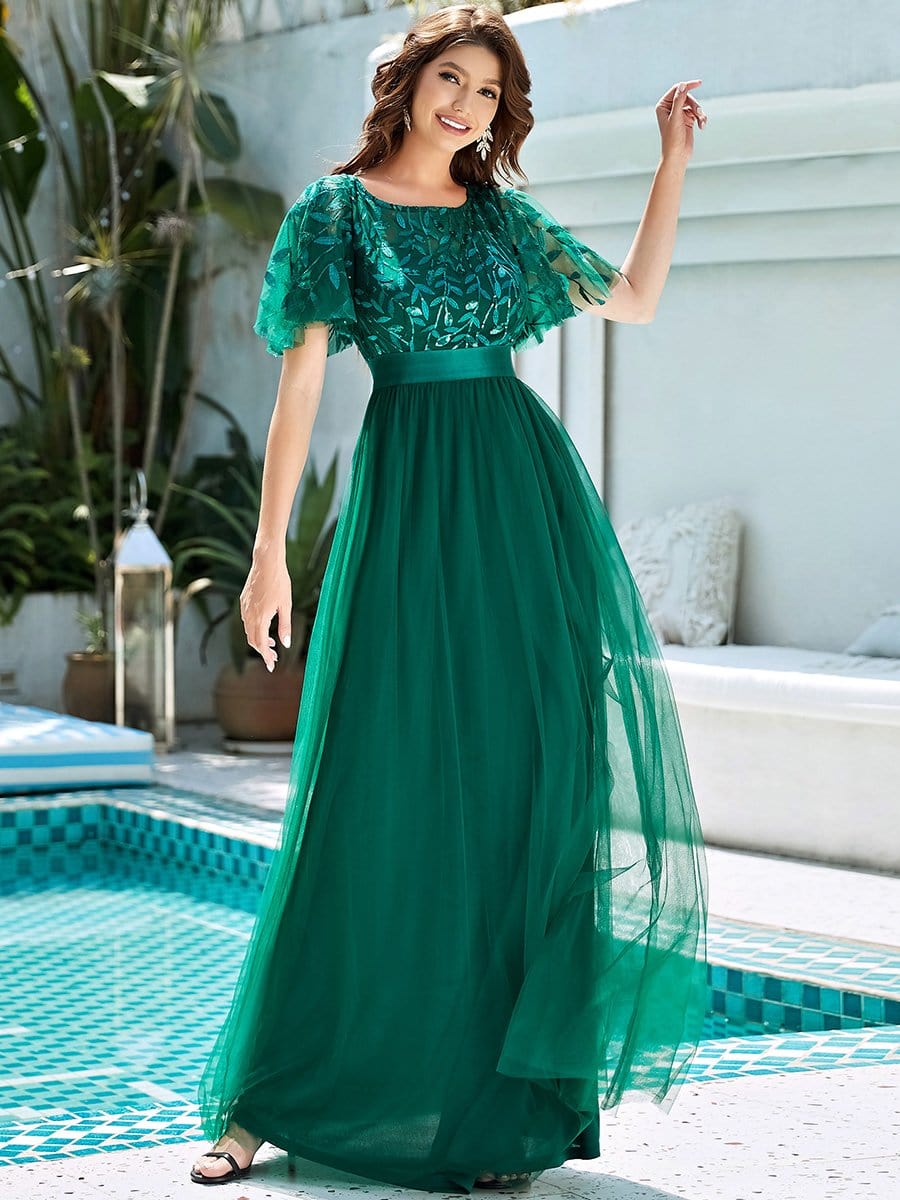 Shimmering Leaf Print Sequin Maxi Dress with Waist Belt