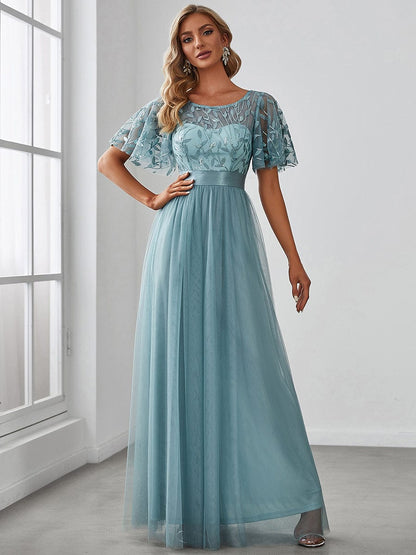 Shimmering Sequin Printed Cap Sleeve Evening Gown