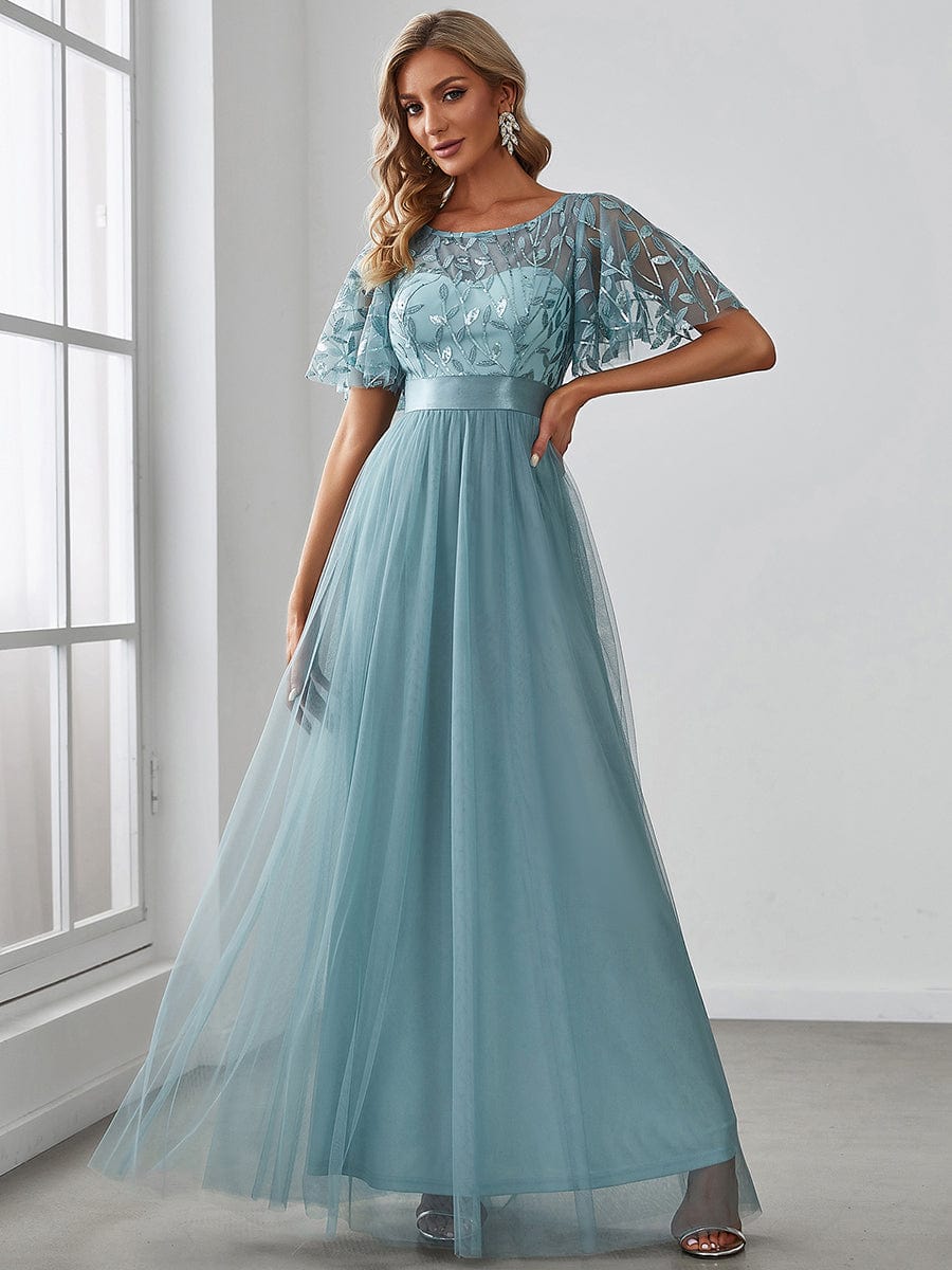 Shimmering Sequin Printed Cap Sleeve Evening Gown