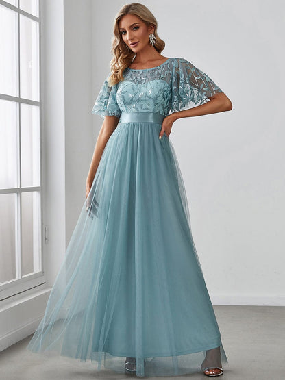 Shimmering Sequin Printed Cap Sleeve Evening Gown