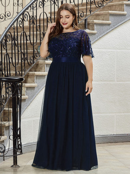 Shimmering Sequin Printed Cap Sleeve Evening Gown