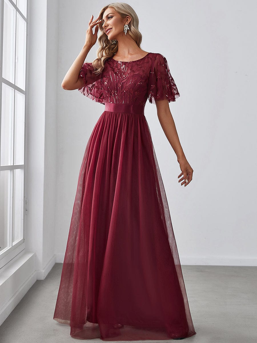 Shimmering Sequin Printed Cap Sleeve Evening Gown