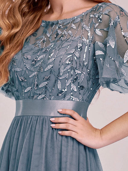 Shimmering Sequin Printed Cap Sleeve Evening Gown