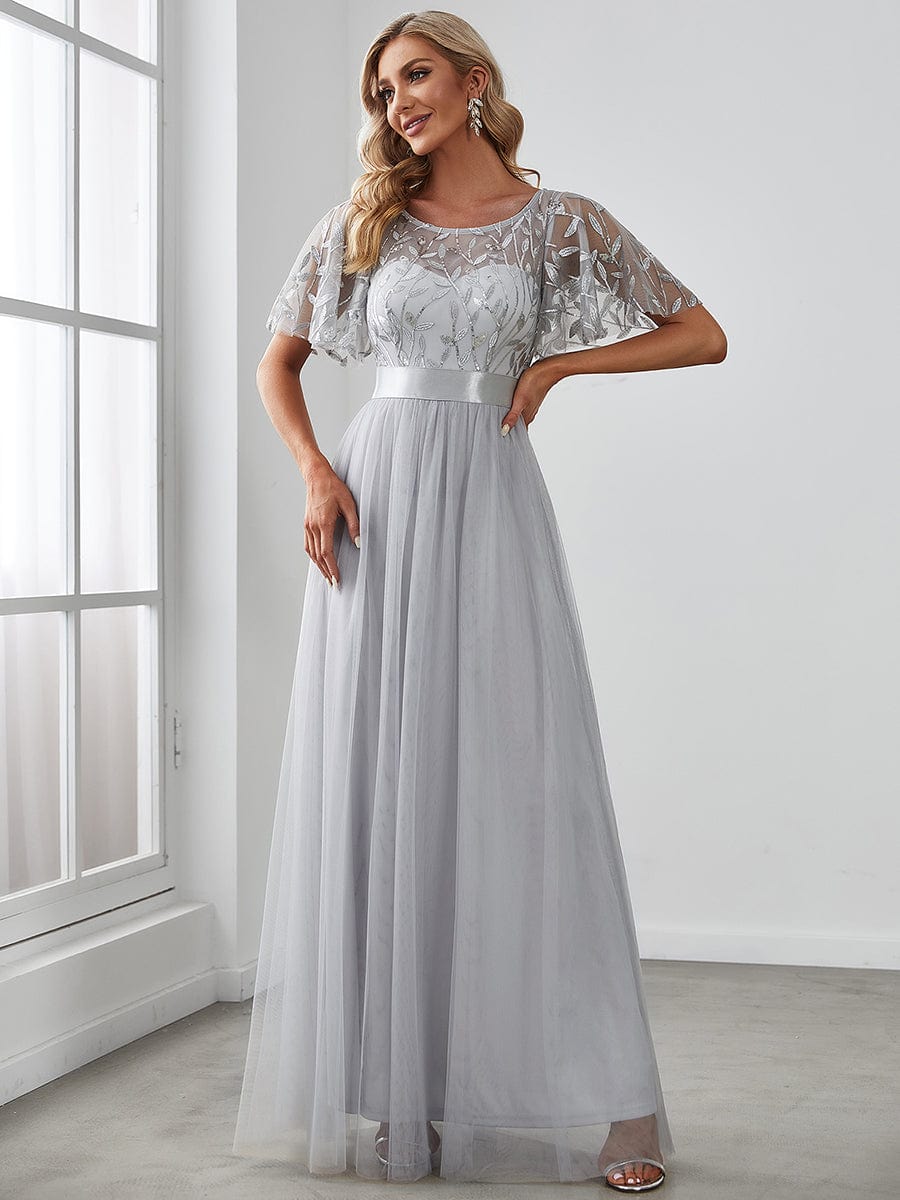 Shimmering Sequin Printed Cap Sleeve Evening Gown