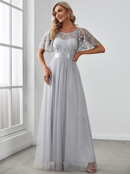 Shimmering Sequin Printed Cap Sleeve Evening Gown