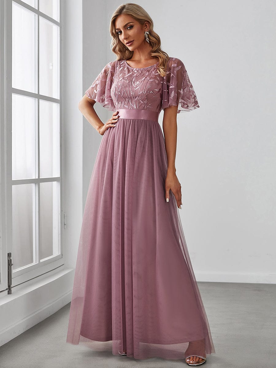 Shimmering Sequin Printed Cap Sleeve Evening Gown
